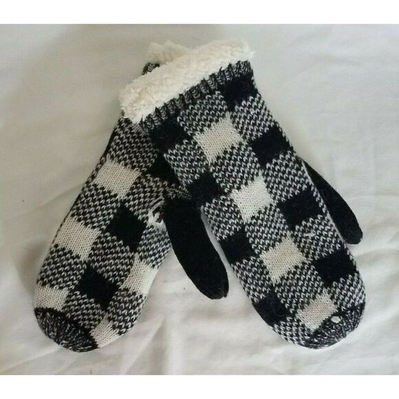 Women's Mittens Sherpa Black Gray & White Buffalo Plaid Winter - Picture 4 of 5